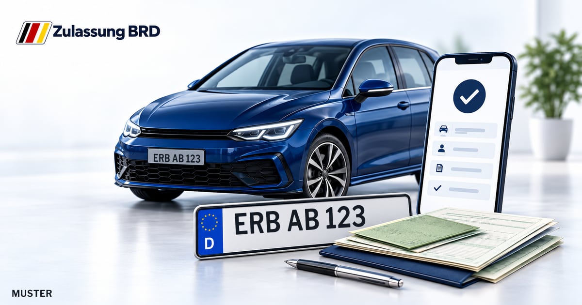 Online Fahrzeugzulassung in Erbach: Musterkennzeichen ERB AB 123, Auto und Fahrzeugpapiere und Smartphone. Illustration mit Logo von Zulassung BRD.
